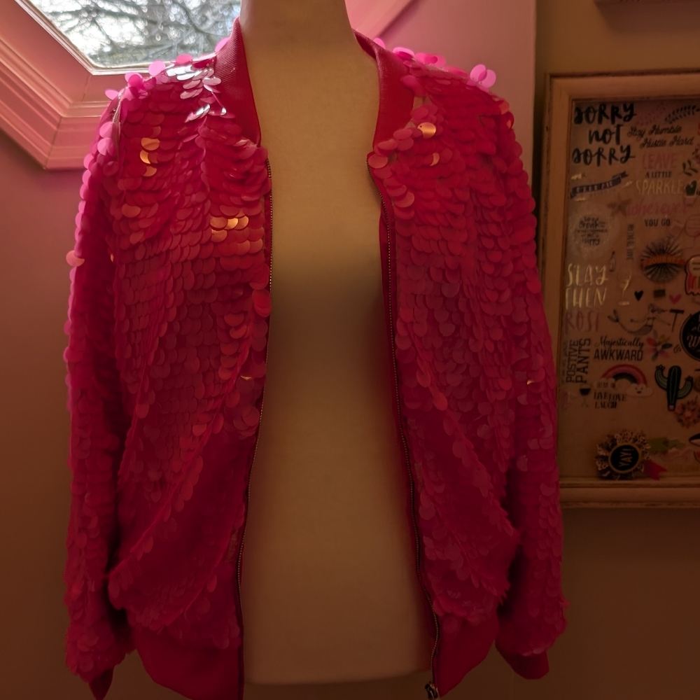 Azalea Wang hot pink sequin paillettes bomber jacket